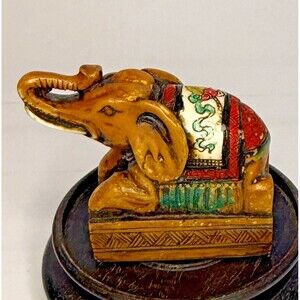Chinese Carved Stone Elephant Seal Stamp Hand Painted Asian Figurine Vintage